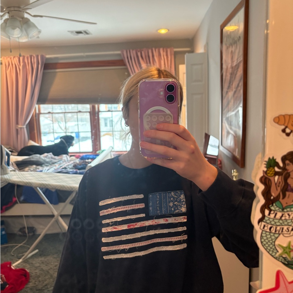 Hollister Black Crew Neck Sweater with Blue and White Accents